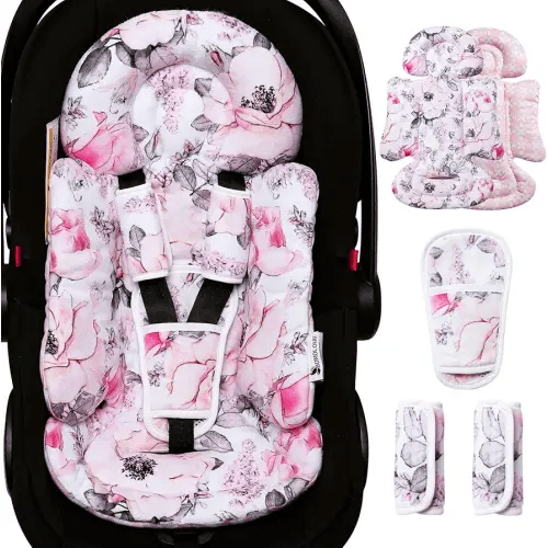 Infant Car Seat Insert, Enlarged Head Support for Baby Carseat, Reversible Newborn Insert with Strap Covers, 2-in-1 Soft Cushion for Stroller, Baby Swing, Bouncer, Rocker, 1Pcs - Pink Floral