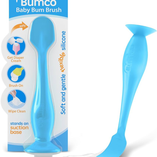 Bumco Baby Bum Brush - BPA-Free Diaper Cream Spatula with Suction Cup Base, Soft & Flexible Silicone, Wipe-Clean, Mom-Invented Diaper Bag Essentials (Blue)