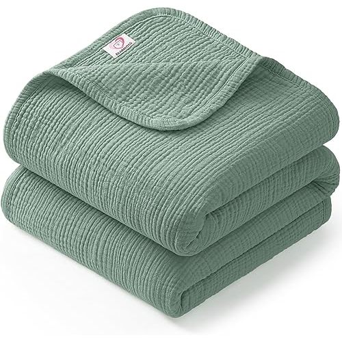 Bearmoss Muslin Baby Blanket, 100% Cotton Crib Blanket for Toddlers, Soft Breathable Reversible Nursery Blankets for Baby Boys Girls (47x47in, Green)