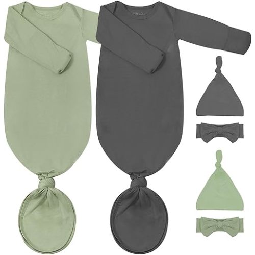 2Pack Newborn Baby Knotted Gown, Super Soft Modal Infant Long Sleeve Sleeper with Hat and Headband Set