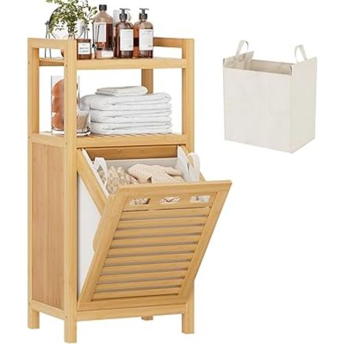 Homykic Tilt Out Laundry Hamper, 10 Gal Bamboo Laundry Storage Cabinet with Removable Basket, Hidden Hamper Organizer with Shelf for Dirty Clothes, Bathroom, Laundry Room, Space Saving, Natural