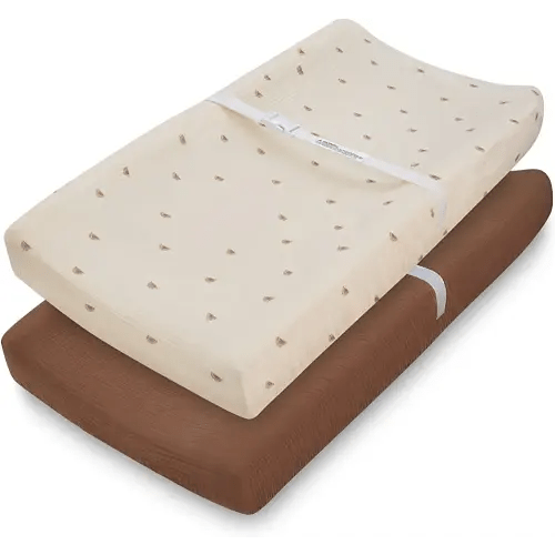 Muslin Changing Pad Cover for Baby Girls Boys, Cotton Natural Comfort Diaper Change Table Pad Covers, Ultra Soft Breathable Boho Changing Pad Sheets, 2Pack (Sunshine & Brown)