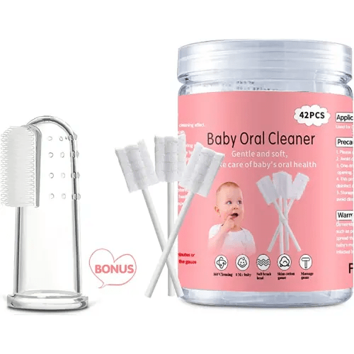 EASICUTI Baby Tongue Cleaner, Baby Toothbrush, 42Pcs Disposable Infant Toothbrush Clean Baby Mouth,Gauze Gum Cleaner Baby Oral Cleaning Stick Dental Care for 0-36 Month Baby+Free 1 Finger Toothbrush