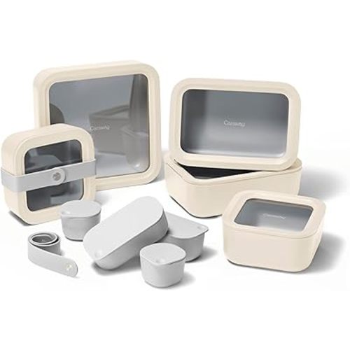 Caraway 14pc Glass Food Storage Container Set - Easy to Store, Non Toxic Lunch Box - with Glass Lids - Includes Storage Organizer & Dot & Dash Inserts - Cream