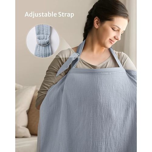 Blissful Diary Muslin Nursing Cover for Breastfeeding, Breathable Breastfeeding Cover up with Arch Neckline for Women, Nursing Apron(Light Blue)