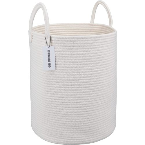 Cotton Rope Laundry Basket Hamper for Clothes Decorative Woven Storage Basket for Living Room Bedroom Boho Tall Rope Baskets for Blanket Toys Baby Nursery Hamper Bin Large white - Regular