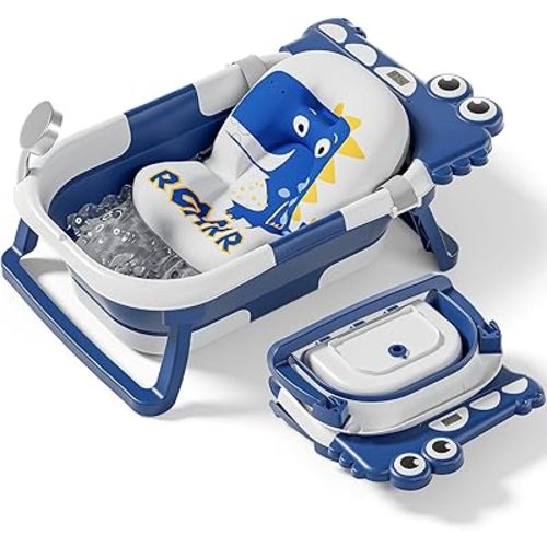 Collapsible Baby Bathtub for Newborn, Alligator Foldable Baby Bath Tub with Thermometer & Soft Floating Cushion & Drain Hole, Portable Travel Infant Bath Tubs for Newborns to Toddlers 0-36 Months Boy