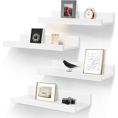 LaVie Home Floating Shelves for Wall Storage Set of 4, 16 Inch Picture Ledge Shelf, White Wall Shelves with Lip for Kitchen, Bedroom, Bathroom, and Living Room
