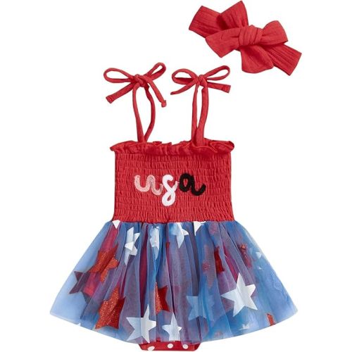 Newborn Infant 4th Fourth of July Baby Girl Outfits Bubble Romper White Red and Blue Clothes+Headband