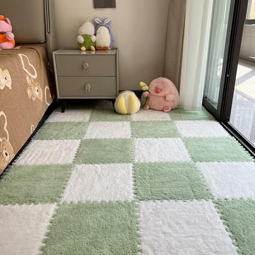 12pcs Carpet Squares Puzzle Floor Mat, Plush Interlocking Carpet Tiles, Anti Slip EVA Foam Jigsaw Floor Tiles, Build A Safe Area for Bedroom Playroom (Green+White)