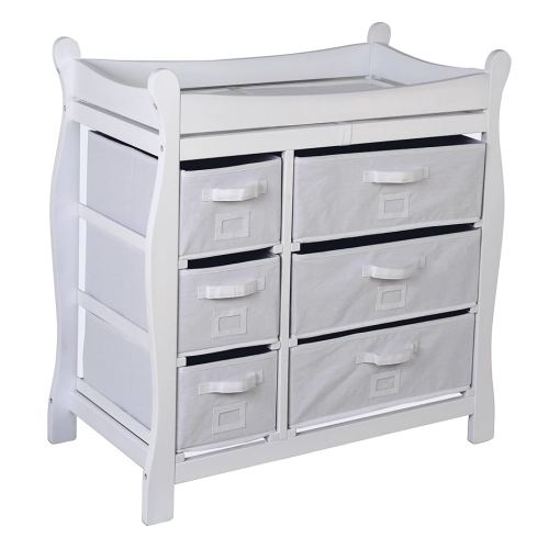 Badger Basket Sleigh Style Baby Changing Table with 6 Storage Drawers and Pad - White