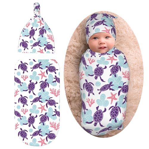 Sea Turtle Ocean Coastal Newborn Swaddle Blankets Baby Stuff Soft Swaddle Sack Swaddling Blanket with Beanie Sets Gifts For Infant Boys Girls