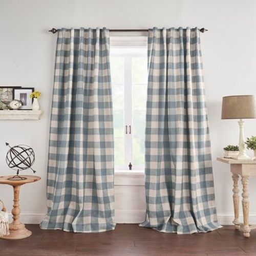 Grainger Buffalo Check Lined Room Darkening Single Window Curtain Panel - 52" X 84" - Chambray - Elrene Home Fashions