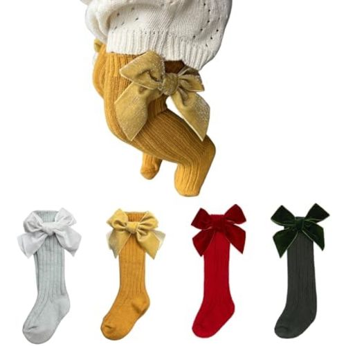 Merqwadd 4-Pack Baby Girls Knee High Socks Infants Toddlers Bow Knit Socks Cotton Tube Ruffled Stockings