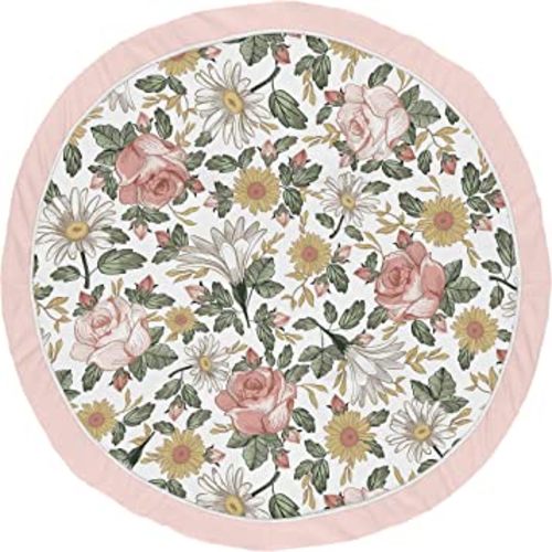 Sweet Jojo Designs Vintage Floral Girl Baby Playmat Tummy Time Infant Play Mat - Blush Pink, Yellow, and Green Boho Shabby Chic Rose Flower Farmhouse