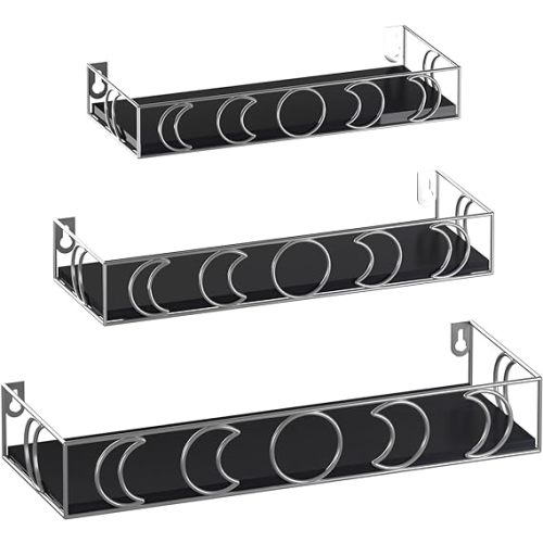 Serwrsw Silver Moon Phase Shelf with Black Board, 3 Sizes Small Floating Shelves for Storage Book Plant, Wall Mounted Decor Shelves for Bedroom Living Room Kitchen Bathroom