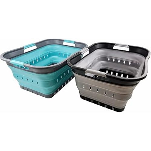 SAMMART 42L (11 gallon) Set of 2 Collapsible Laundry Basket - Foldable Pop Up Storage Container/Organizer - Portable Basket - Space Saving Hamper/Basket (Alloy Grey + Crystal Blue)