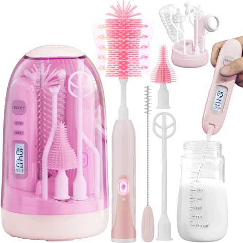 Electric Bottle Brush Cleaner,Rechargable Electric Baby Bottle Brush Cleaner with Thermometer,Silicone Bottle/Nipple/Straw Brush,Drying Rack,Travel Bottle Cleaner Kit for New Moms