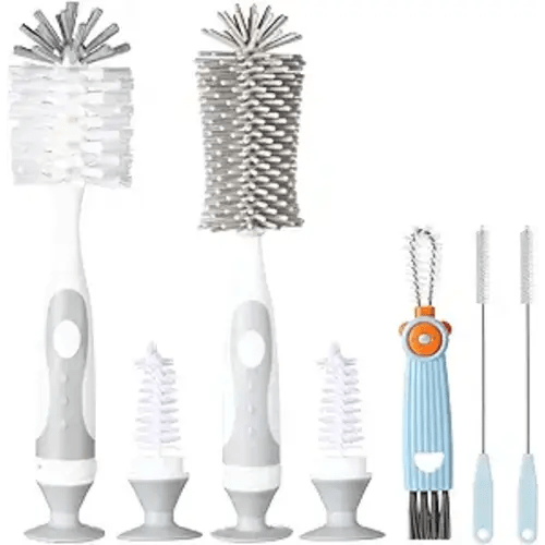 5-in-1 Baby Bottle Brush Set, Bottle Brush Cleaner, Bottle Cleaner Brush Set, Including Nylon and Silicone Bottle Brush, Bottle Cap Brush, Straw Brush, Nipple Brush, BPA-Free (Grey) - Gray-nylon Silicone