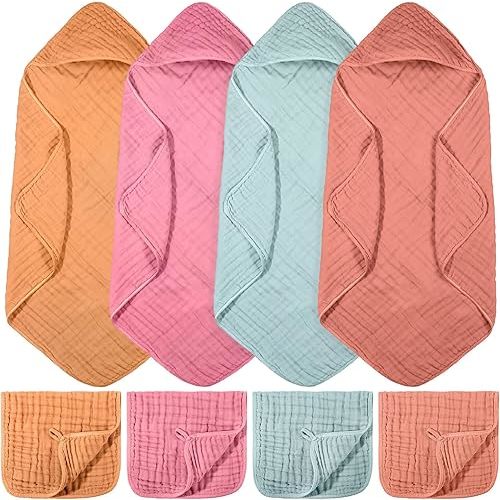 VitalCozy 8 Pcs Baby Muslin Hooded Bath Towels and Washcloths, 32 x 32 Inch Muslin Cotton Hooded Baby Towels Absorbent Blankets for Gift Newborn Infant Shower (Classical Color)