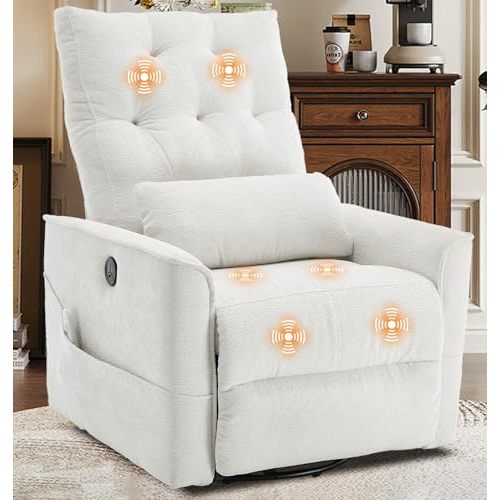 KCQ 330lbs Electric Massage Swivel Recliner Chairs with Heat Wide Seat Oversized Padded Power Recliners with Lumbar Pillow Tufted Fabric Massaging Reclining Chair for Adults (White)