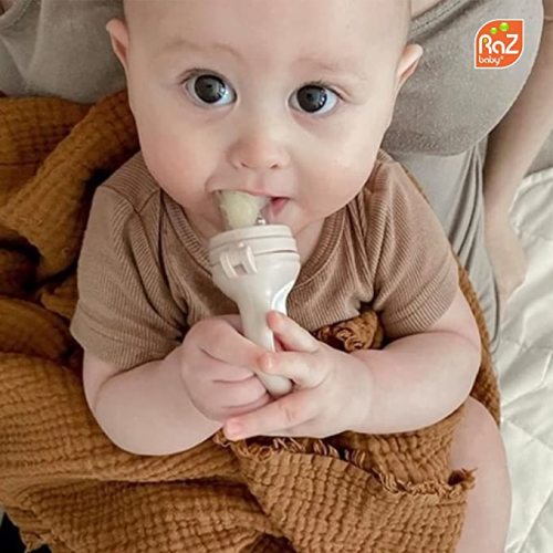 RaZbaby Baby Solids/Frozen Fruit Feeder Pacifier, Infant Teether Toy 6M+, BPA-Free Silicone Pouch & Nipple, Safely Introduce Solids, Teething Relief, Dishwasher Safe, 2-Pack – Orange/Blue + Green/Blue - Blue/ Orange