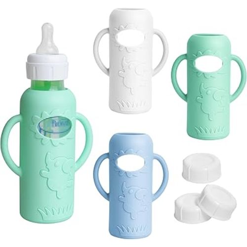 3 Pack Silicone Sleeves for Dr Brown Natural Glass Baby Bottles, Food Grade Anti Breakage Baby Bottle Holder with Handles and 3pcs Travel Bottle Caps (White+Blue+Green, 8oz)