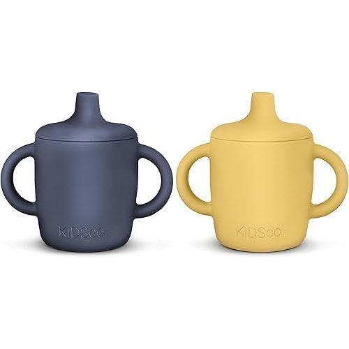 Silicone Sippy Cups with Easy Grip Transition Handles and a Soft Spout. A Non Toxic No Spill Unbreakable Training Cup 150ml/5oz |2-PACK Midnight Blue and Canary|