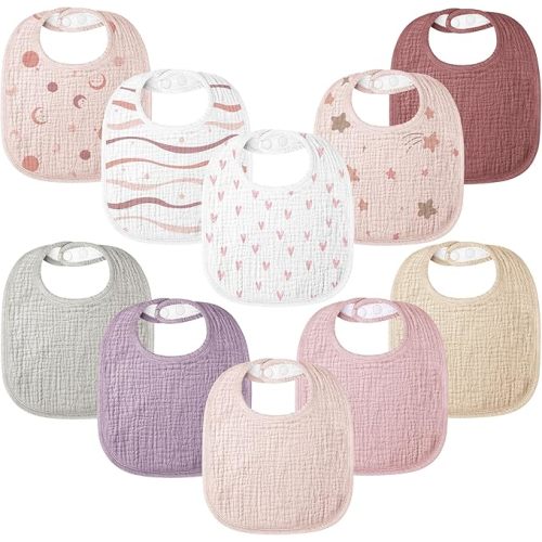 100% Cotton Muslin Baby Bibs 10-Pack Baby Drool Bibs for Unisex Baby Toddlers Infant Newborns Drooling and Teething