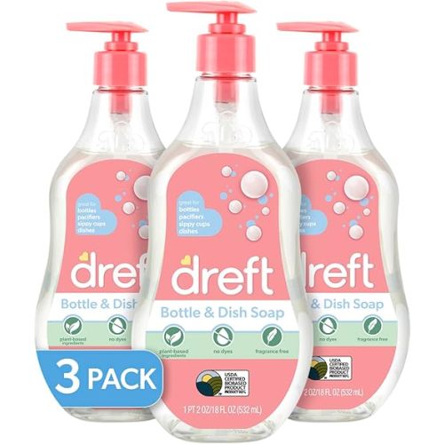 DREFT Bottle and Dish Soap | Made to Clean Baby Bottles, Sippy Cups, Pacifiers, Breast Pumps, & More | Gently Removes Milk Film & Odors | Plant Based, Fragrance Free Dish Soap | 18 Fl Oz (Pack of 3)