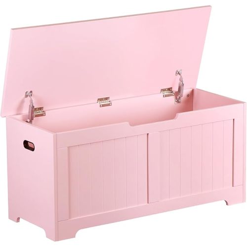 Wooden Storage Chest Box with Flip-top Lid & Safety Hinge, 39.4 Inch Living Room Organizer, Bedroom Bench, Pink