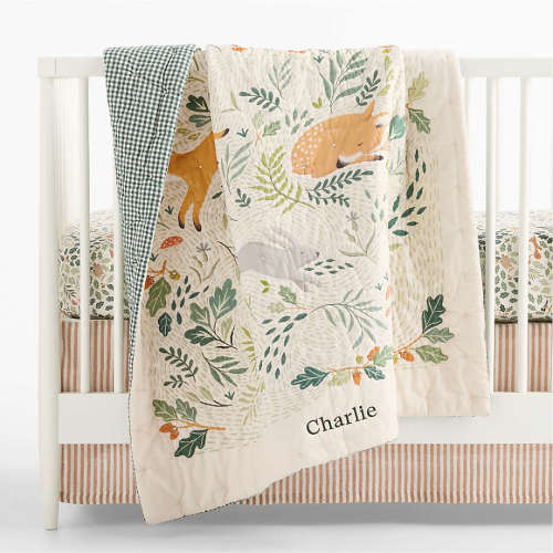 Forest Friends Embroidered 100% Organic Cotton Baby Crib Quilt