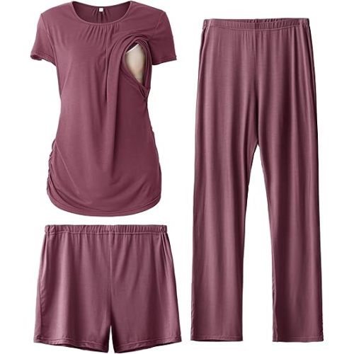 SUNNYBUY Womens Maternity Nursing Pajamas Set, Short Sleeve Breastfeeding Shirts,Pregnancy Shorts & Pants 3 Piece Nursing PJS