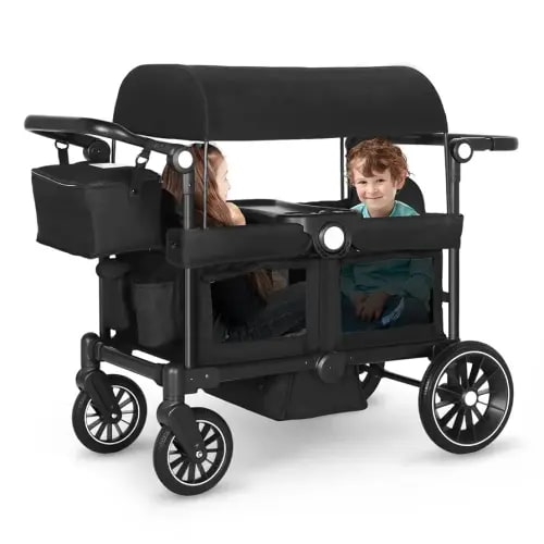 Kinder King Folding Wagon Stroller for 2 Kids, All-Terrain Baby Stroller Wagon Outdoor, Removable Canopy 2 Seater, Adjustable Handle, Shock-Absorbing Wheel, Detachable Tray, Parent Organizer, Black