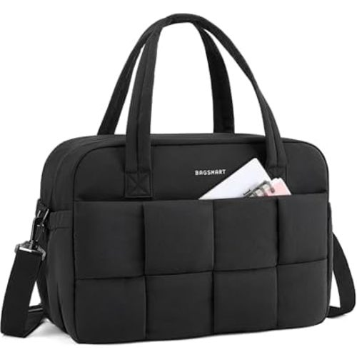 BAGSMART Gym Bag for Women, 24L Puffer Travel Duffle Bag for Travel with Laptop Compartment, Weekender Bags for Women, Carry On Duffel Bag Personal Item Bag, Black