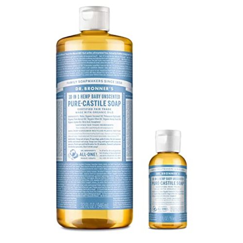 Dr. Bronner’s Pure-Castile Liquid Soap – Baby Unscented Bundle. 32 oz. Bottle and 2 oz. Travel Bottle - 1 Count (Pack of 1)
