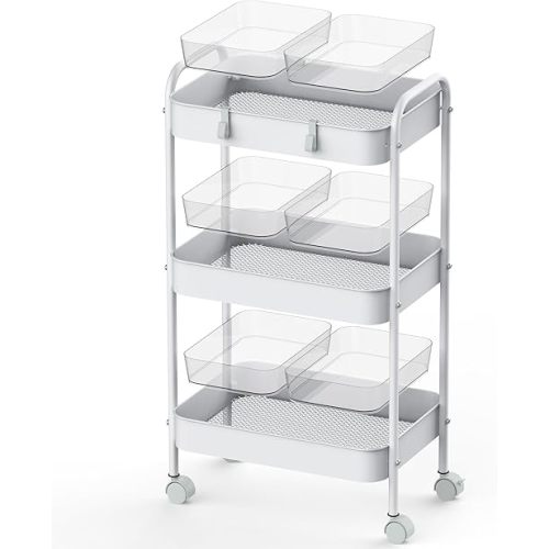 3-Tier Rolling Cart Metal, Roller Cart with 6 Transparent Organizer Boxes & 4 Hooks, Utility Carts with Wheels, Multifunctional Storage Organizer Cart, Carts for Dressing Rooms, Bathrooms, etc., White
