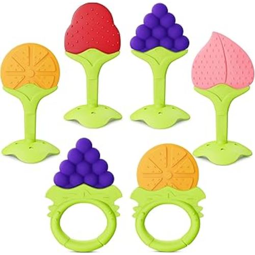 6 Pack Baby Teething Toys for Newborn Infant, BPA Free Freezer Safe Silicone Fruit Baby Teethers Soothe Babies Gums Set for Babies 0-6 Months 6-12 Months