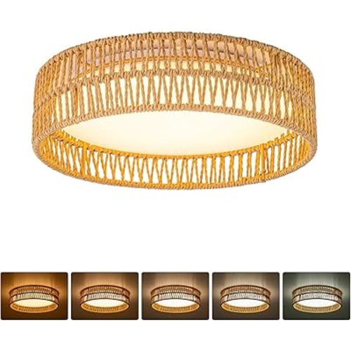 SineRise 12" Flush Mount Ceiling Light,25W LED Rattan Ceiling Light Fixture,Dimmable Handmade Boho Light Fixtures with Rattan,Farmhouse Lighting Fixtures Ceiling for Hallway Kitchen Bedroom(Gold)