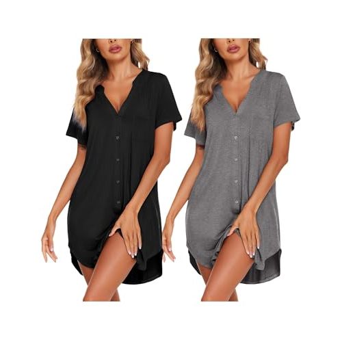 Ekouaer 2 Pack Nightgowns for Women Button Down Sleep Shirts V Neck Night Shirts Night Gowns