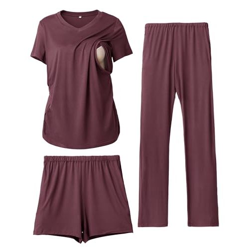 Rnxrbb 3 Piece Women's Maternity Nursing Pajamas Set V Neck Breastfeeding Pjs Sleepwear Postpartum Shorts&Pants Pockets