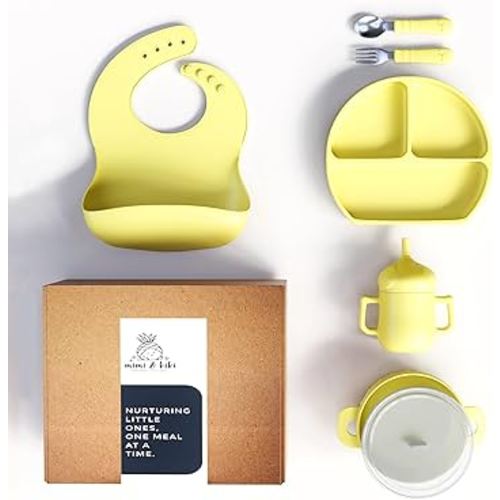 Silicone Baby Feeding Set, Baby Plates with Suction, Baby Feeding Essentials, Baby Led Weaning Supplies, Baby Utensils, Bowl, and Utensils, Dishwasher Safe, for Ages 6+ Months (Yellow)