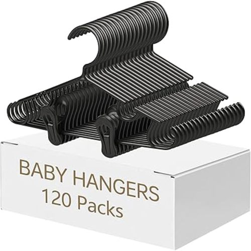 Nursery Baby Hangers with Clips, 40 Newborn Kids Plastic Clothes Hangers for Toddler Pants – with 80 Clips for Children's Clothes Packs(Black,120 Packs)