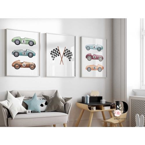 Set of 3 Race car prints, Racing wall art, Boys nursery wall art, toddler room decor, Cars poster, DIGITAL DOWNLOAD, Boys car art, Printable