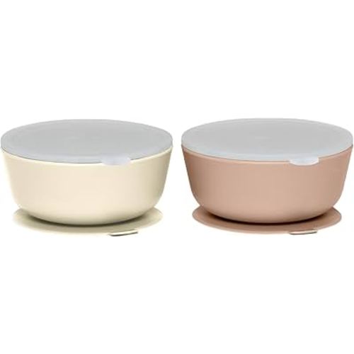 WeeSprout Suction Bowls for Baby & Toddlers (Set of 2) - 100% Silicone w/Plastic Lid - Leak Proof Feeding Supplies - Dishwasher & Microwave Safe Infant Dinnerware w/Extra Strong Base