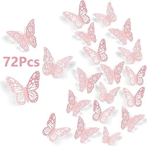 SAOROPEB 3D Butterfly Wall Decor, 72Pcs 3 Sizes 3 Styles, Pink Butterfly Decorations Removable Butterfly Stickers for Room Decor Party Balloon Addition Cake Decoration Flower Arrangements, Pink