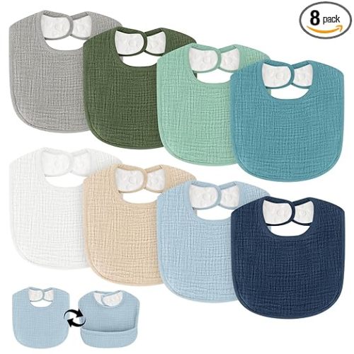 Drool Bibs for Baby Boys & Girls, 8 Pack Muslin Baby Bibs for Drooling and Teething with Hidden Pocket, Soft Cotton, Extra Absorbent, Mess-proof, for Toddler, Newborn, Infant