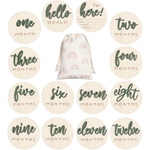 7 Pack 3D Baby Monthly Milestone Card Signs Baby Announcement Sign Double Sided Hello World Newborn Signs Wooden Circles Discs for Welcome Newborn Boy Girl Photo Props(Green,Letter)