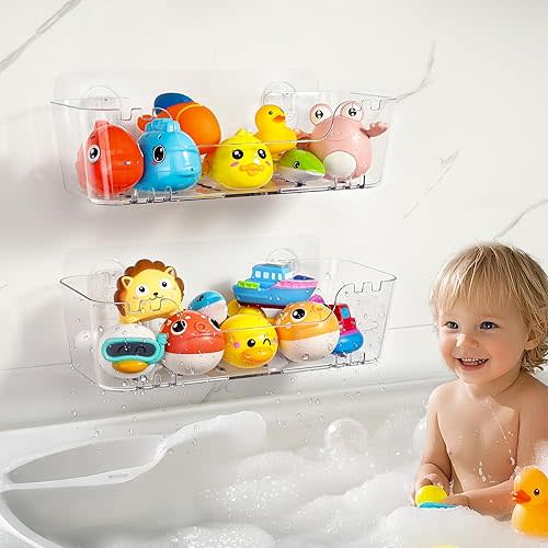 Bath Toy Storage Organizer 2 Pack, Transparent Bath Toy Holder with Drain Holes, Durable Plastic Bathtub Toy Storage for Bathroom, Quick-Dry Drainable Shower Caddy, Easy to Clean and Install