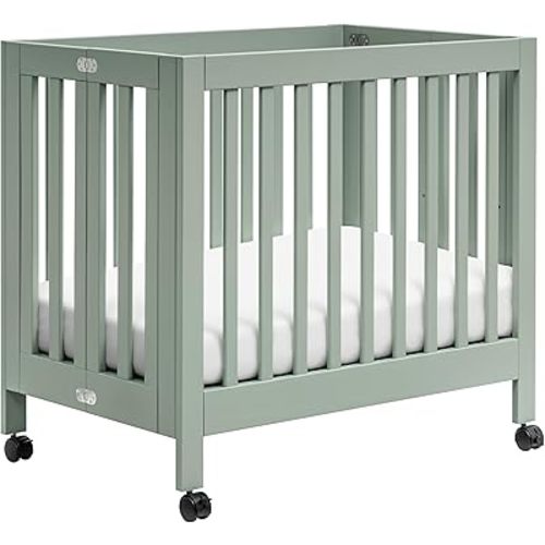 Babyletto Origami Mini Portable Crib Folding with Wheels in Light Sage, 2 Adjustable Mattress Positions, Greenguard Gold Certified